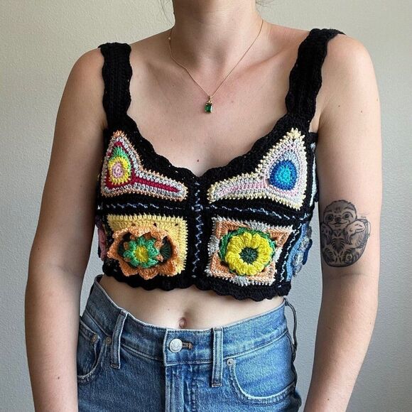 Maridruna Handmade Knit Festival Rainbow Multicolor Hippie Crochet Crop Top Sz M - Picture 6 of 10